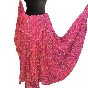 VINTAGE Lehenga Maxi Skirt DEEP FUSHIA Beaded Crystal Flowers Gold M/L
